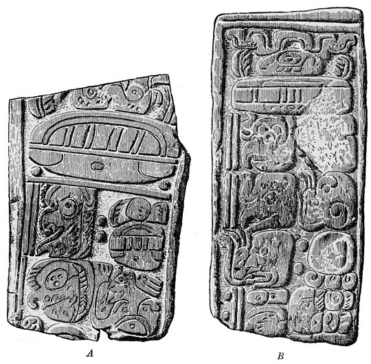 Fig. 76. The Cycle-10 Initial Series from Quen Santo (from drawings): A, Stela 1; B, Stela 2. There is less than a year's difference in time between the Chichen Itza Initial Series and the Initial Series in B.