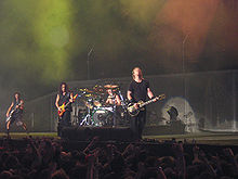 Metallica live in London, 2003. Left to right: Robert Trujillo, Kirk Hammett, Lars Ulrich, James Hetfield.