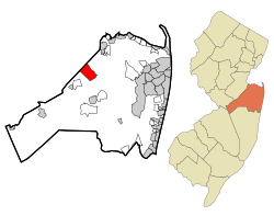 Location of Morganville in Monmouth County highlighted in red (left). Inset map: Location of Monmouth County in New Jersey highlighted in orange (right).