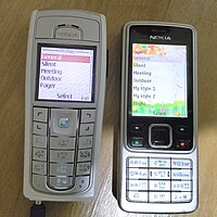 A Nokia 6230 next to a Nokia 6300, displaying the Profiles menu. Nokia6230-6300 Profiles English.jpg
