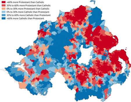 Map of religion or religion brought up in from the 2011 census in Northern Ireland. Stronger blue indicates a higher proportion of Catholics. Stronger red indicates a higher proportion of Protestants. Northern Ireland - religion or religion brought up in (Christianity; 2011).png