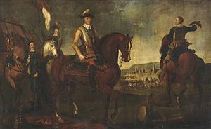 Oliver Cromwell at the Battle of Worcester, 17th century painting, artist unknown Oliver Cromwell Battle of Worcester.jpg