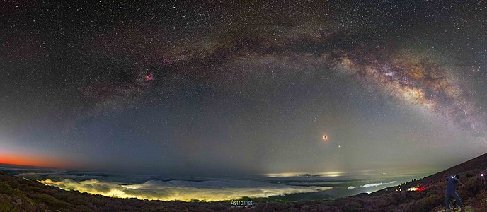 An observation from Alt Empordà in Girona, Catalonia, Spain, featuring the Moon, Mars and Milky Way, uploaded on July 31, 2018. Imzage taken at 23:31, on July 27, 2018. Image: José Jiménez.