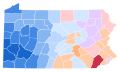 Vainqueur démocrate par comté pour le poste de lieutenant-gouverneur : Fetterman en bleu, Ahmad en orange, Cozzone en rouge et Stack en violet.