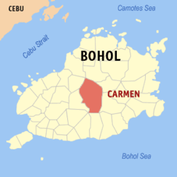 Mapa ng Bohol na nagpapakita sa lokasyon ng Carmen.