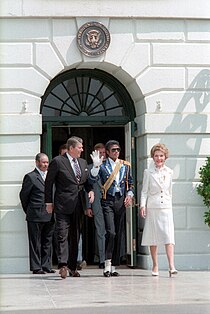 Jackson (center) with US President Ronald Reagan and First Lady Nancy Reagan at the White House in 1984 President Ronald Reagan and Nancy Reagan with Michael Jackson.jpg