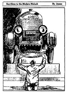 Sacrifices to the Modern Moloch, a 1922 cartoon published in The New York Times, criticizing the apparent acceptance by society of increasing automobile-related fatalities Sacrifices to the Modern Moloch.jpg