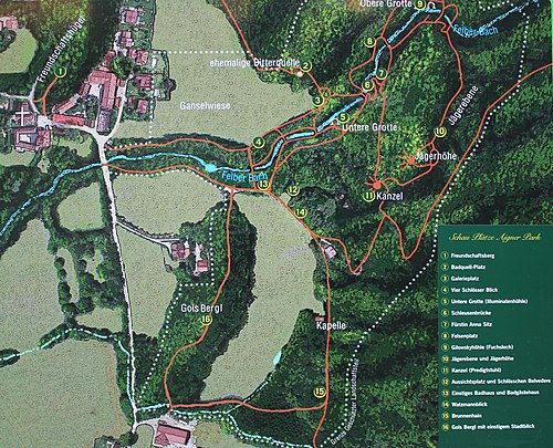 Lageplan mit den Schauplätzen des Aigner Parkes (Nr. 1–16)