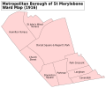 A map showing the Park Crescent ward of St Marylebone Metropolitan Borough as it appeared in 1916; note re-warding was intended as a regularly-changing demographic action, for roughly equal apportionment of voters, so each has a fair total of voters or residents to councillors. For a few, London's are turned to for self-identity, rivalling postcodes, the original Anglican parish scheme, key amenities such as Tube stations or similar zones of housing; but they can be completely redrawn and renamed.