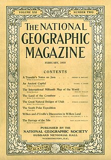 The first issue of The National Geographic Magazine featuring the oak leaf perimeter and yellow border. c. February 1910 The National Geographic Magaine - February 1910 Volume 21 Number 2.jpg