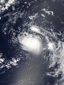 A satellite image of a swirling mass of clouds over the open Atlantic