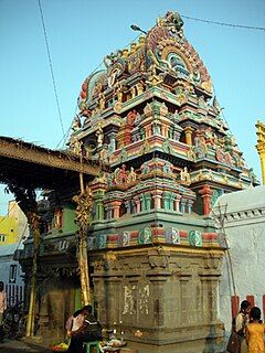 The three tiered Raja Gopuram of Ulagalantha Perumal Temple