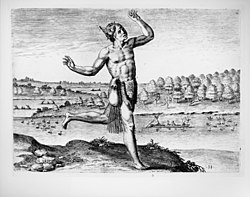 Natif Américain "conjurant" un mauvais sort dans une gravure datant de 1590.