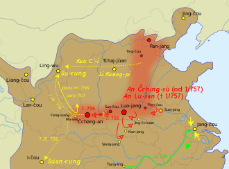 Mapa severovýchodní Číny, čtvrtá ze série map dokumentujících průběh povstání. Červeně je obarveno souvislé území od Fan-Jangu až po Čchang-an, červené šipky jsou na jihu odraženy, žlutě přerušovaně je vyznačen ústup císaře na jihozápad do I-čou a jeho syna na severozápad do Ling-wu. Navíc je na této mapě uvedena výměna tchangských i jenských císařů a na dolním okraji zelené šipky postupu Li Lina podél řeky Jang-c’-ťiang na východ k Jang-čou.