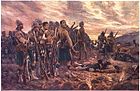 Painting of a rugged group of soldiers gathering their dead and wounded