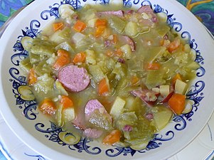 Bouneschlupp is a traditional Luxemburgish green bean soup with potatoes, bacon, and onions.