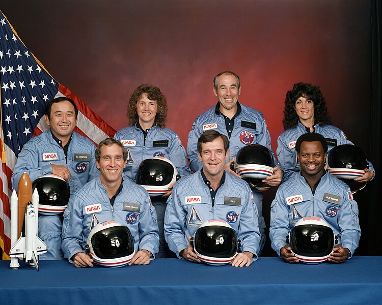 Ellison Onizuka, Christa McAuliffe, Gregory Jarvis and Judith Resnik; front row, left to right: Michael J. Smith, Francis (Dick) Scobee and Ronald McNair.
