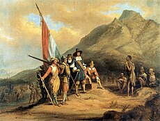 Painting depicting the arrival of Dutch settlers under Jan van Riebeeck at the Cape of Good Hope, 1652. Charles Bell - Jan van Riebeeck se aankoms aan die Kaap.jpg