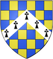 Arms of Newburgh/Beaumont Earls of Warwick, adopted c. 1200 – 1215 at start of the age of heraldry: Checky azure and or a chevron ermine[2]