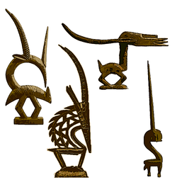 Comparison of the four major styles of The Chi Wara / Chiwara / Chi-Wara mask of the Bambara people of Mali. Left to right Abstract / Bougouni / Southern region style, Vertical/ Segu/ Northern region style, the Horizontal / Bamako / Northern region style, and the Abstract / Sikasso region style