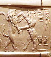 Possible depiction of Enkidu fighting a lion on an Akkadian cylinder seal