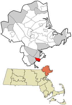 斯旺普斯科特在艾塞克斯县及麻萨诸塞州的位置（以红色标示）