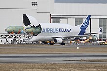 Fuselage nose sections being unloaded at Hamburg Finkenwerder, 2013 F-GSTB - 2 Airbus A300B4-608ST Beluga Airbus (8634655670).jpg