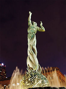 The Fountain of Eternal Life in Cleveland, Ohio, United States, is described as symbolizing "Man rising above death, reaching upward to God and toward Peace." Fountain of Eternal Life crop.jpg