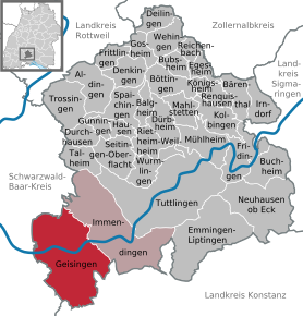 Poziția orașului Geisingen pe harta districtului Tuttlingen