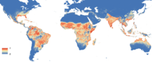 Aedes aegypti esinemise tõenäosus 2015. aastal (skaalal sinine 0 – punane 1).