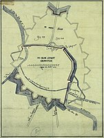 Plan voor de grote uitleg van Groningen uit ca. 1614-1615 met reeds voltooide dwingers aan zuidzijde (Marwix- tot Drenkelaarsdwinger; de laatste voor de helft). Aan noordzijde is reeds gestart met de eerste dwingers. Aan noordzijde is nog het bolwerk voor de oude Boteringepoort zichtbaar en ook zijn de rondelen bij de Kranepoort (noordwesten), Ebbingepoort (noordoosten) Poelepoort (oosten) zichtbaar. De nieuwe Herepoort en Oosterpoort zijn reeds gereed. Het nieuwe Kattendiep (Zuiderdiep) was echter nog niet gegraven. De oude gracht om het Schuitenschuiverskwartier is ook nog zichtbaar aan oostzijde.