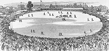 Engraving of the first intercolonial football match between Victoria and South Australia, East Melbourne Cricket Ground, 1879 Intercolonial Football Match 1879.jpg