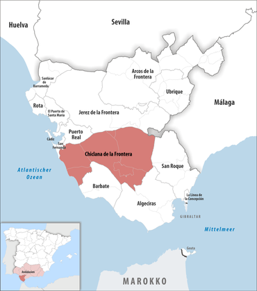 Die Lage des Gerichtsbezirk Chiclana de la Frontera in der Provinz Cádiz