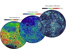 LOLA data provides three complementary views of the near side of the Moon: the topography (left) along with maps of the surface slope values (middle) and the roughness of the topography (right). All three views are centered on the relatively young impact crater Tycho, with the Orientale basin on the left side. LROtopography.jpg