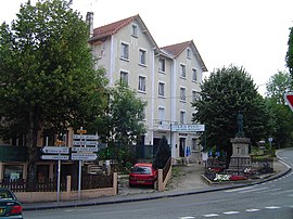 The war memorial outside the Les Pins Hotel, in La Bastide-Puylaurent