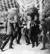 里昂·喬戈什用左輪手槍擊中美國總統威廉·麦金莱的假想圖