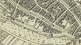 Op deze stadsplattegrond van 1585 is het Regulierenklooster al niet meer ingetekend, bij nr. 16 de plaats waar het klooster heeft gestaan