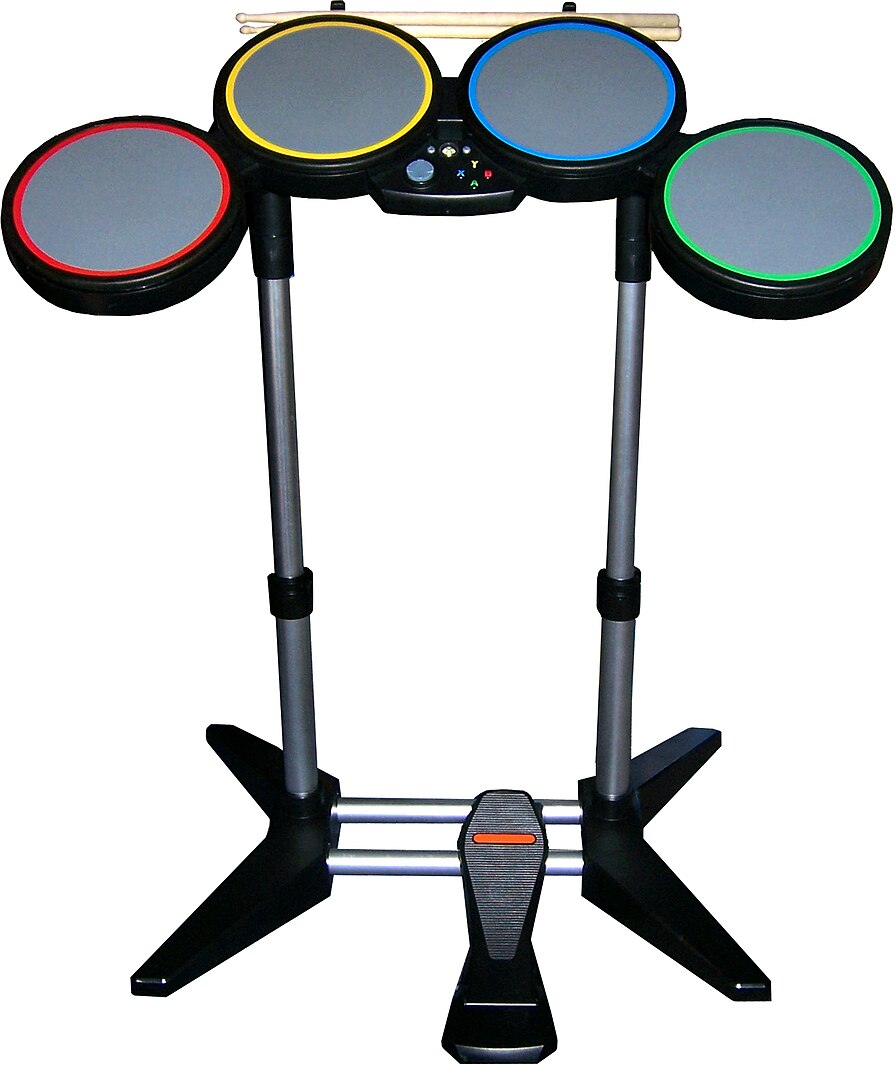 The first generation Rock Band drum controller, featuring four pads and a bass pedal.