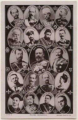 Postcard from 1908 showing nineteen of the world's reigning monarchs: (left to right)King Rama V/Chulalongkorn of Siam (modern Thailand), King George I of Greece, King Peter I of Serbia, King Carol I of Romania, Emperor and King Franz Joseph of Austria-Hungary, Tzar (King) Ferdinand I of Bulgaria, Padishah (Emperor) Abdul Hamid II of the Ottoman Empire, King Victor Emmanuel III of Italy, Emperor Nicholas II of the Russia, King Edward VII of the United Kingdom, Emperor Wilhelm II of Germany, King Gustav V of Sweden, King Haakon VII of Norway, King Frederik VIII of Denmark, Queen Wilhelmina of the Netherlands, Guangxu Emperor of China, Meiji Emperor of Japan, King Manuel II of Portugal and King Alfonso XIII of Spain. Ruling-monarchs.jpg