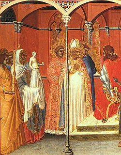 Св. Савин проповядва пред управител Ветустиан (Пиетро Лоренцети, XIV век)