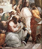 Pythagoras, the man in the center with the book, teaching music, in The School of Athens by Raphael