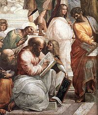 Pythagoras, the man in the center with the boo...