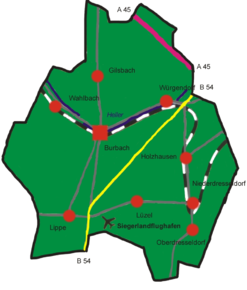 Poziția Burbach pe harta districtului Siegen-Wittgenstein