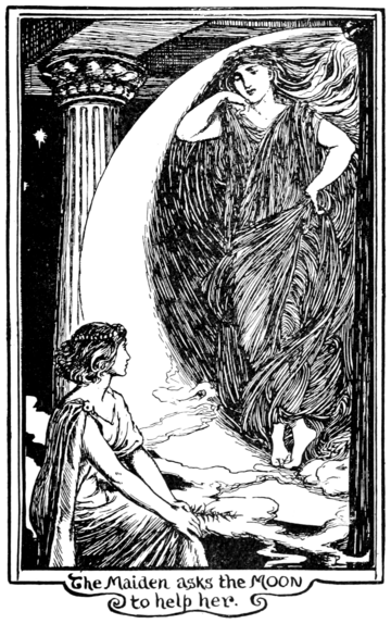 black and white illustration of a woman sitting and talking to another woman who is standing in a crescent moon.
