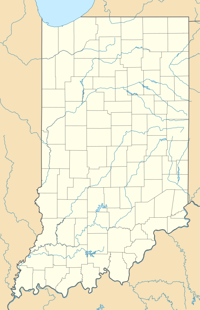 Mapa konturowa Indiany, u góry po prawej znajduje się punkt z opisem „Fort Wayne”