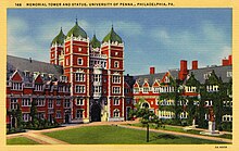 Postcard (circa 1933) showing area inside Upper Quad section of The Quad Dormitories looking North to Memorial Tower 146, Memorial Tower and Statue, University of Pennsylvania (NBY 6566).jpg