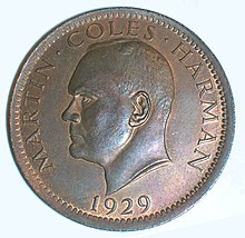 Obverse of copper coin bearing head of Martin Coles Harman
