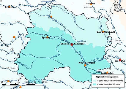 Le département de la Marne est dans deux régions hydrographiques : « la Seine, de sa source à l'Oise » et « la Seine, de l'Oise à l'embouchure ».