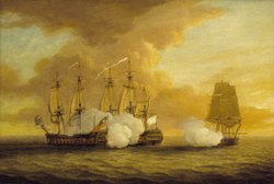 HMS Lion and Elizabeth battle at sea, July 1745; the loss of her cargo of weapons and regular soldiers was a severe setback Action between HMS Lion and Elizabeth and the Du Teillay, 9 July 1745 RMG BHC0364.tiff