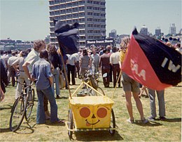 IWW and anarchists protesting in 1975 Anarchists attend ALP policy launch 24 November 1975 (16890014601).jpg